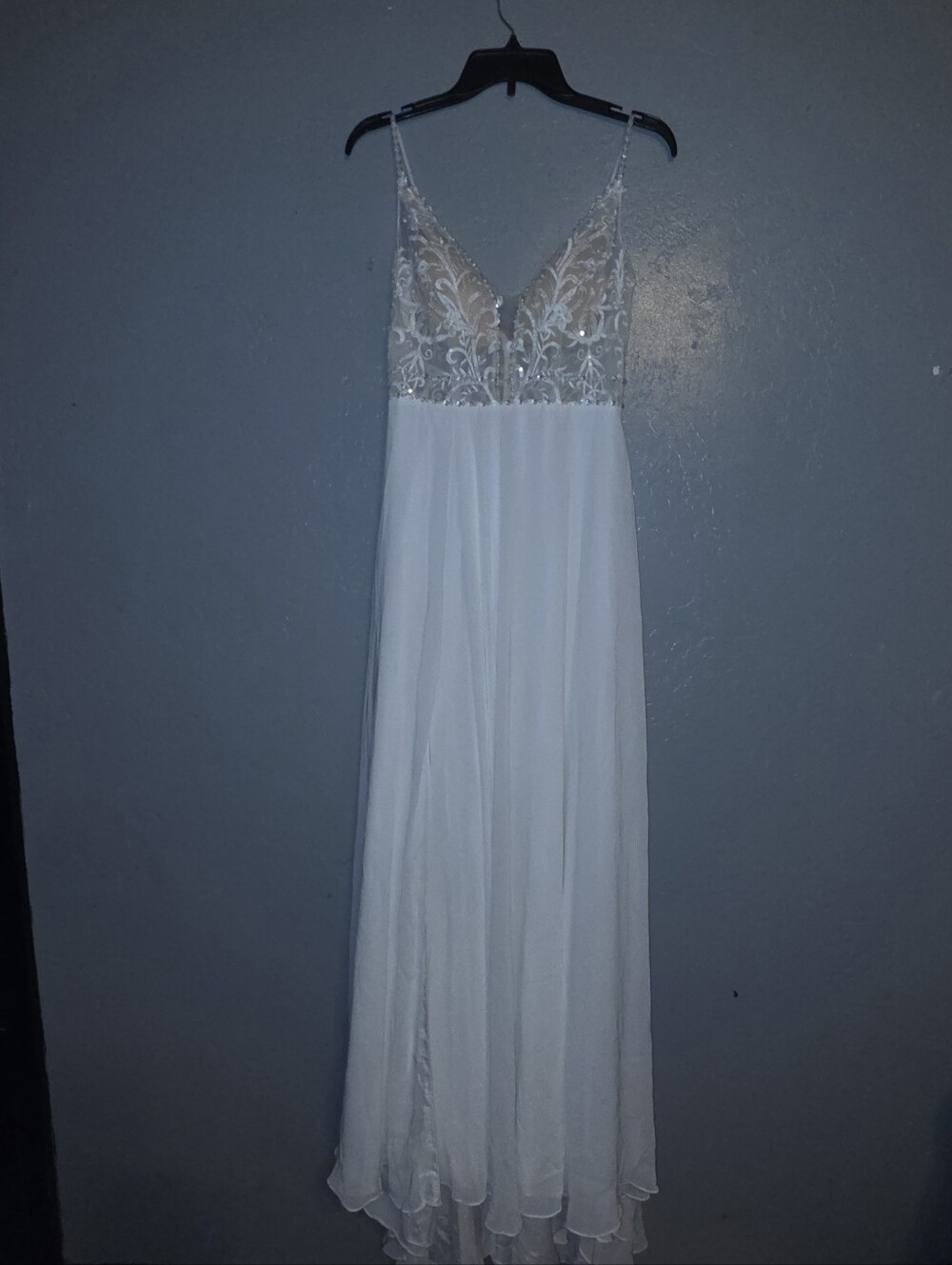 JJs House Ivory Floral Sequin A-Line Wedding Dress with Spaghetti Straps NWT - Picture 2 of 9